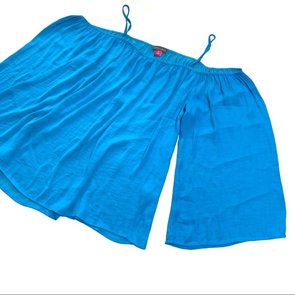 Vince Camuto Aqua-Blue Oversized 3/4 Sleeves Satin Off-Shoulder Boho Top Sz XS - Picture 4 of 7